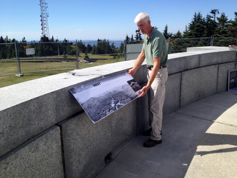 There are a large number of existing interpretive panels on site, our program needed to be discreet, here a mock-up is located just below the parapet of the tower walkway