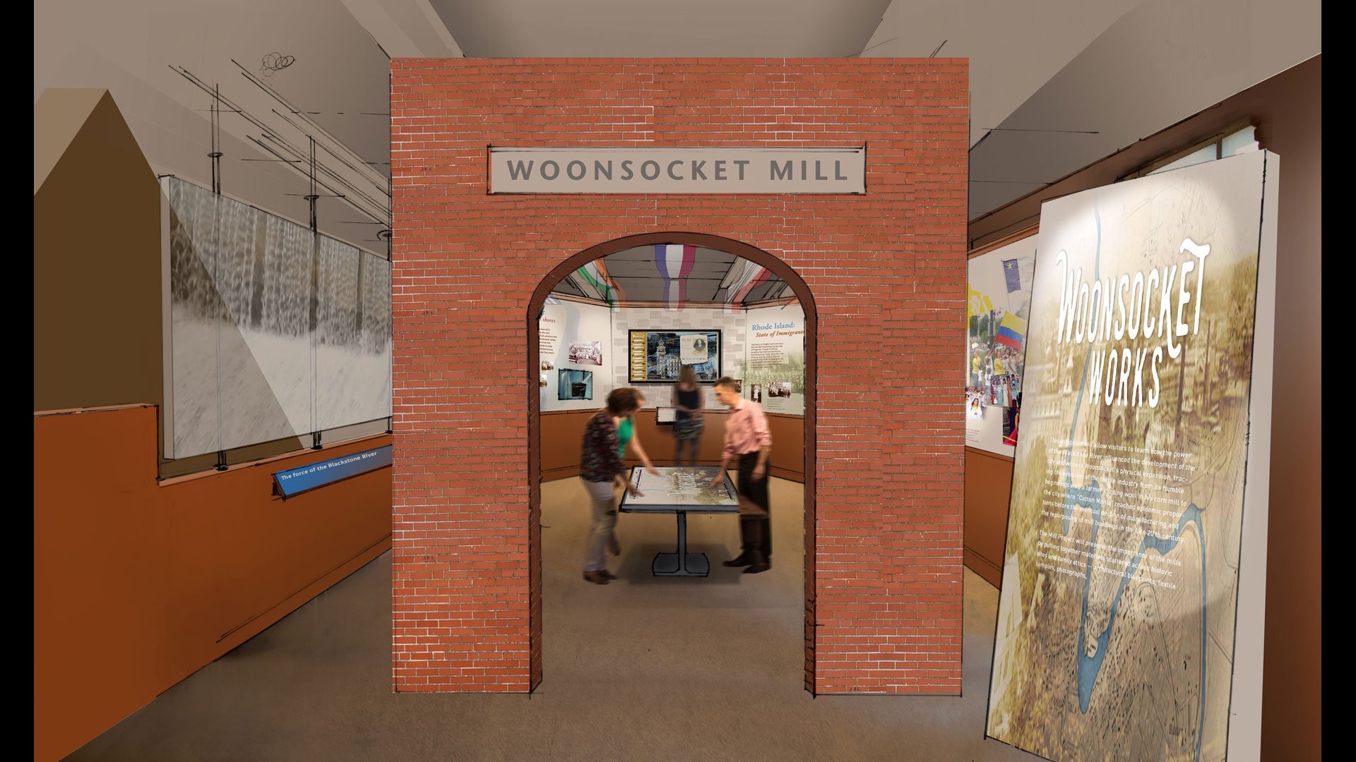 This multi-touch gestural interface exhibit uses the Blackstone River as a metaphor for change; visitors learn about how the mills changed the historical landscape of Woonsocket, RI. The interface allows multiple users to access a series of maps tapping into deeper content depending on the visitor’s interest.