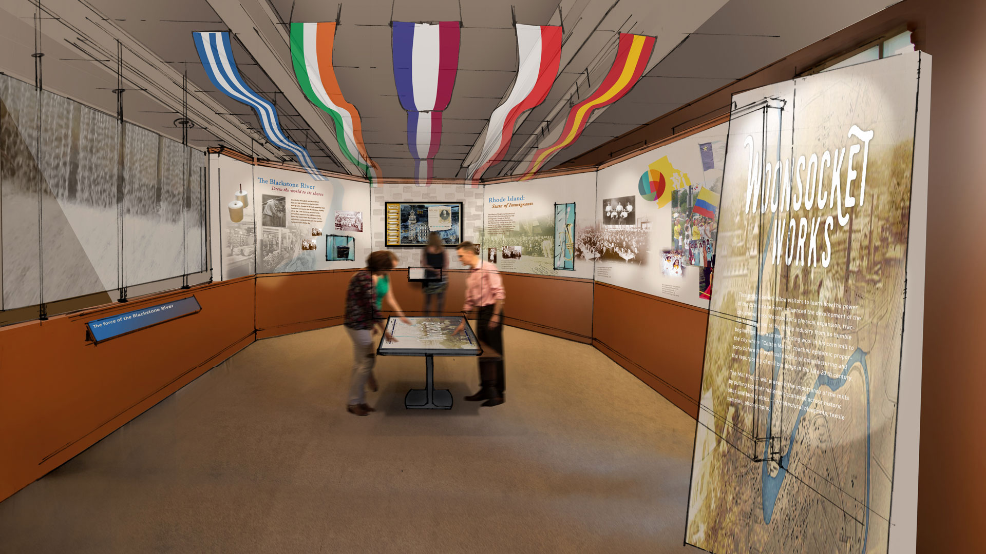 This multi-touch gestural interface exhibit uses the Blackstone River as a metaphor for change; visitors learn about how the mills changed the historical landscape of Woonsocket, RI. The interface allows multiple users to access a series of maps tapping into deeper content depending on the visitor’s interest.