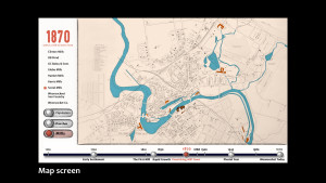 Gestural interface exhibit showing the historical landscape of Woonsocket, 1870 map from the Atlas of the State of Rhode Island and Providence Plantations, Beers, 1870