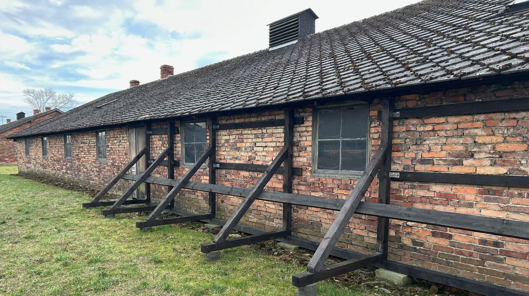 A barrack in Sector 1 in Birkenau with wall support.